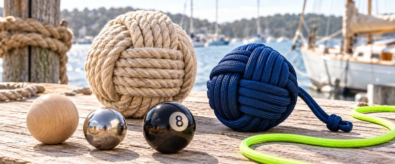 Tan rope and navy paracord monkey fist knots with wooden, steel, and 8-ball cores.
